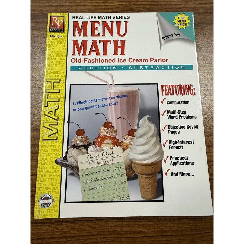 Menu‎ Math Old-Fashioned Ice Cream Parlor Grades 3-6 Workbook Remedia REM101A**